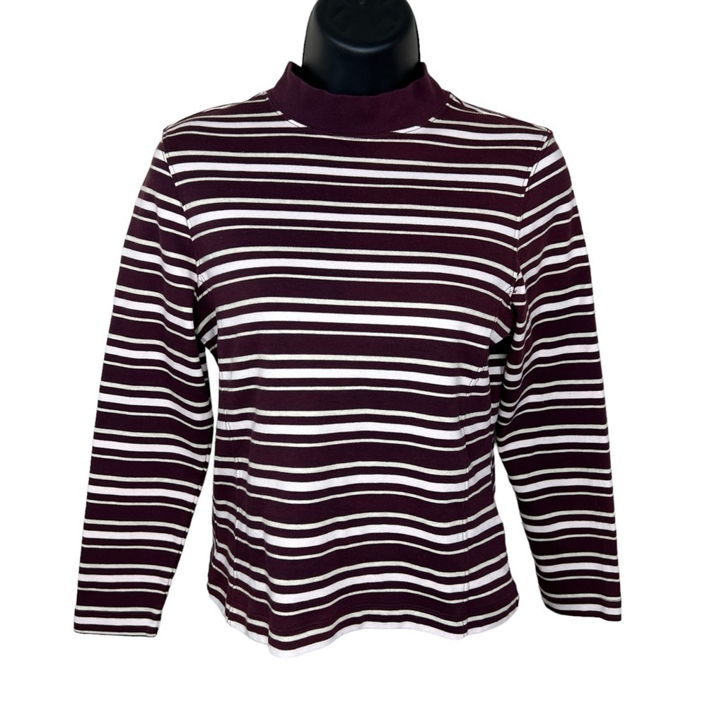 Petite Small Westbound Burgundy White Striped Cotton Top Long Sleeve Mock Neck